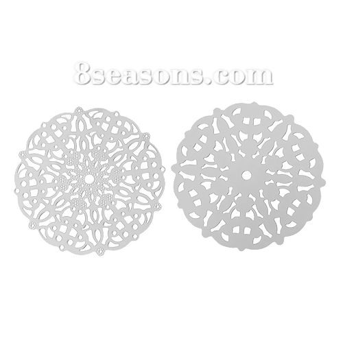 Picture of 304 Stainless Steel Filigree Stamping Embellishments Findings, Flower Silver Tone, Hollow Carved 50mm(2") x 50mm(2"), 10 PCs