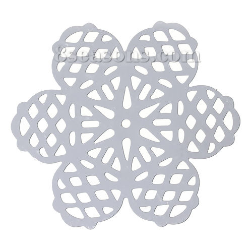 Picture of 304 Stainless Steel Filigree Stamping Embellishments Findings, Flower Silver Tone, Hollow Carved 42mm(1 5/8") x 38mm(1 4/8"), 10 PCs