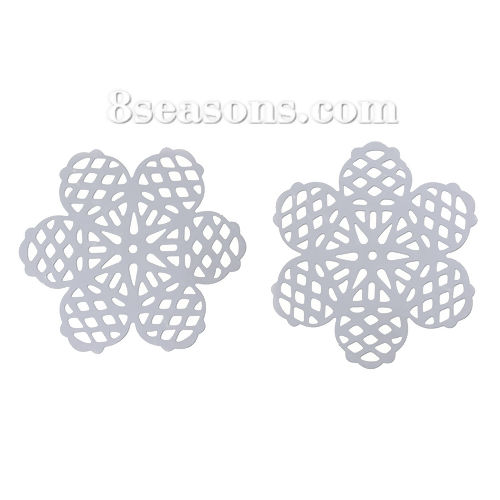 Picture of 304 Stainless Steel Filigree Stamping Embellishments Findings, Flower Silver Tone, Hollow Carved 42mm(1 5/8") x 38mm(1 4/8"), 10 PCs