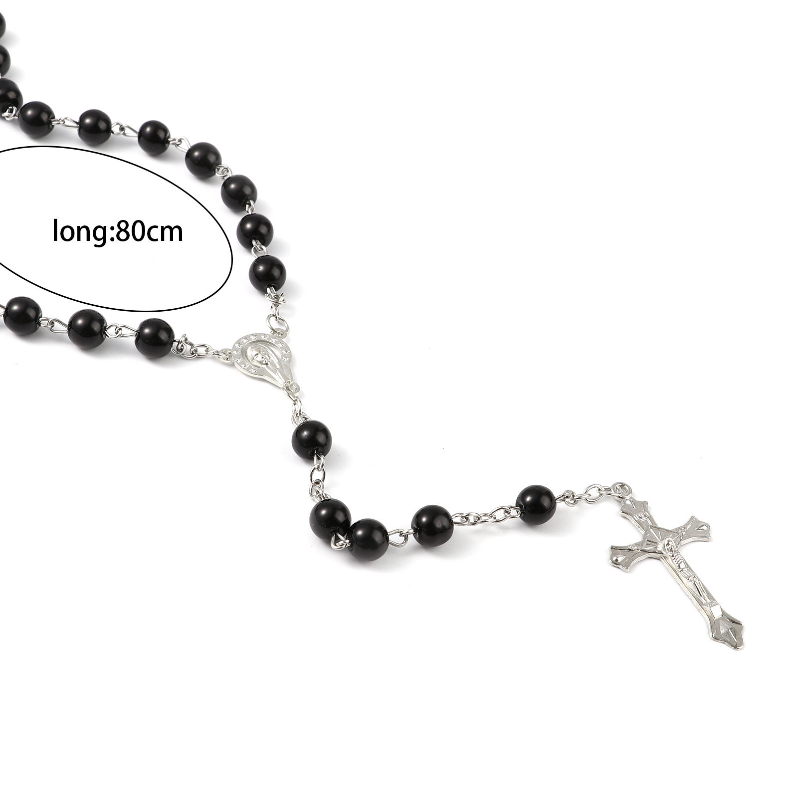 Picture of 1 Piece Prayer Beads Rosary Necklace Silver Tone Black Cross 80cm(31 4/8") long