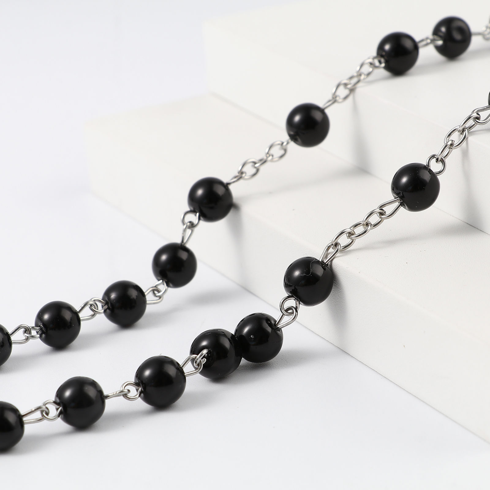 Picture of 1 Piece Prayer Beads Rosary Necklace Silver Tone Black Cross 80cm(31 4/8") long