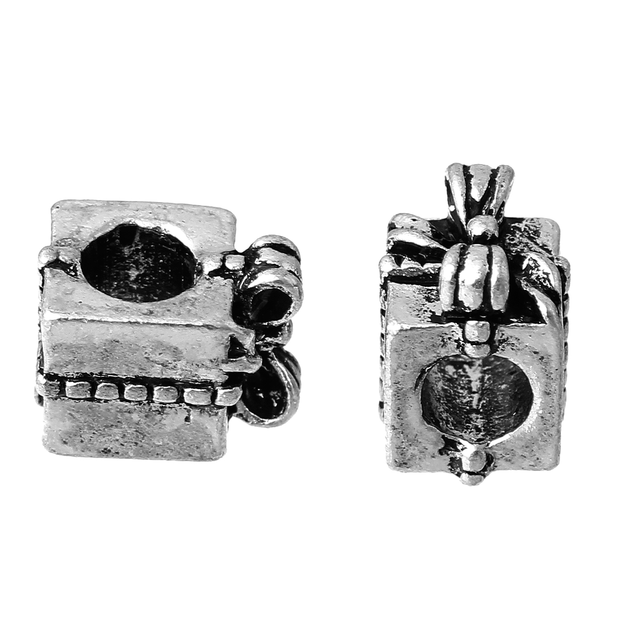Picture of Zinc Metal Alloy European Style Large Hole Charm Beads Christmas Gift Box Antique Silver Color Bowknot Pattern About 11mm x 8mm, Hole: Approx 4.6mm, 10 PCs