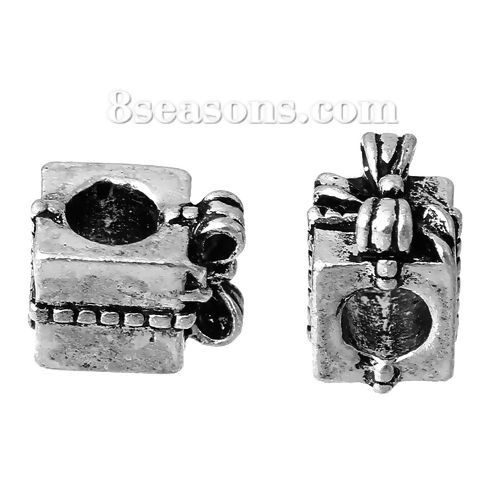 Picture of Zinc Metal Alloy European Style Large Hole Charm Beads Christmas Gift Box Antique Silver Color Bowknot Pattern About 11mm x 8mm, Hole: Approx 4.6mm, 10 PCs