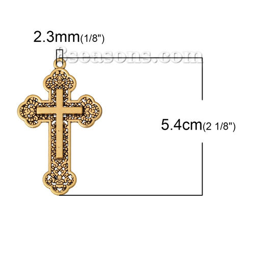 Bild von Zinklegierung Charm Anhänger Kreuz Antik Gold 54mm x 33mm, 10 Stücke