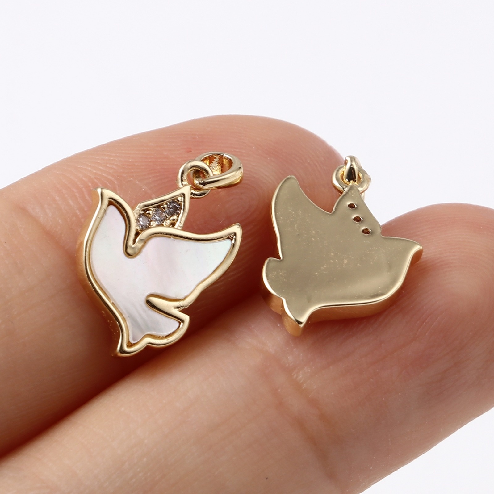 Picture of 1 Piece Brass Charm Pendant 18K Real Gold Plated White Bird Animal Clear Rhinestone 17mm x 10mm