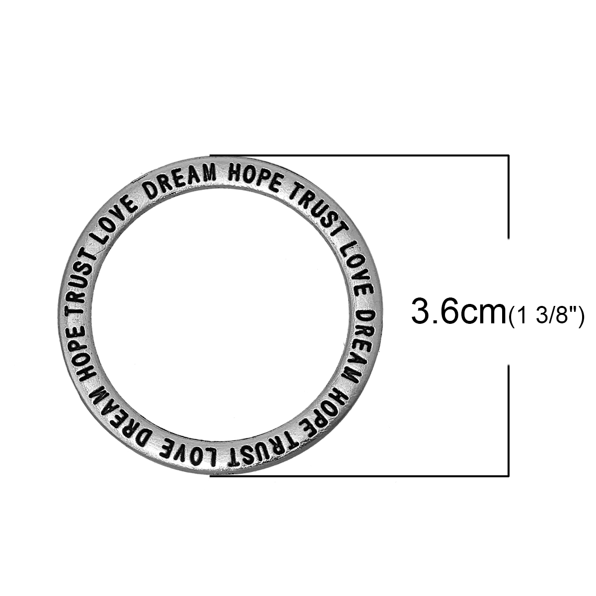Picture of Zinc Based Alloy Pendants Circle Ring Antique Silver Color Message " LOVE DREAM HOPE TRUST " Carved 3.6cm(1 3/8") Dia, 30 PCs