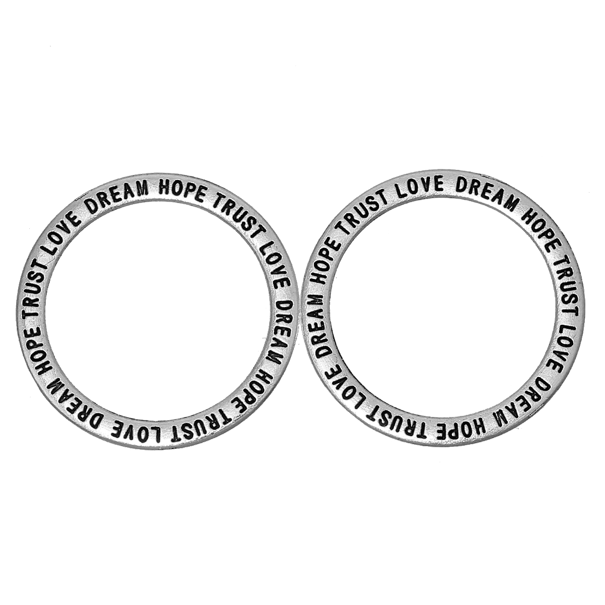 Picture of Zinc Based Alloy Pendants Circle Ring Antique Silver Color Message " LOVE DREAM HOPE TRUST " Carved 3.6cm(1 3/8") Dia, 30 PCs