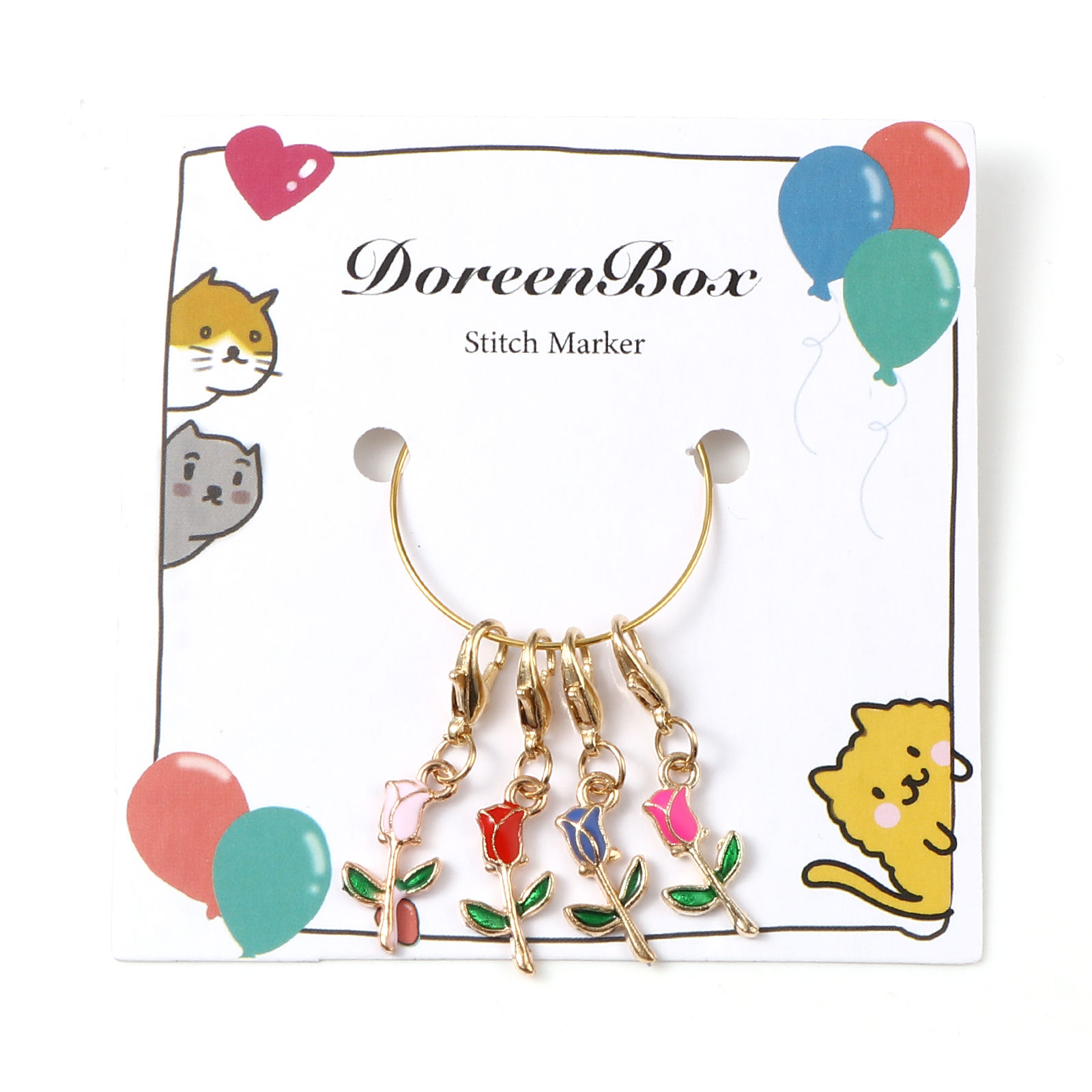 Picture of Doreenbox Zinc Based Alloy Knitting Stitch Markers Gold Plated Multicolor Rose Flower Enamel 3.2cm x 0.9cm, 1 Set ( 4 PCs/Set)