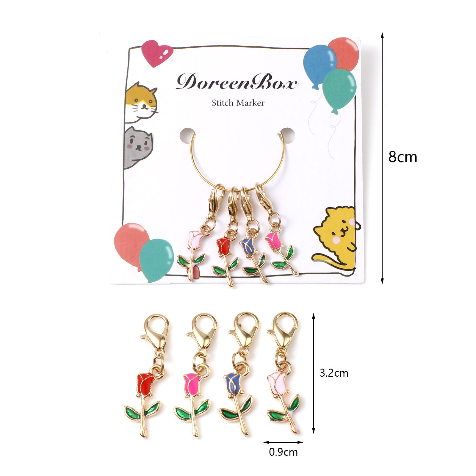 Picture of Doreenbox Zinc Based Alloy Knitting Stitch Markers Gold Plated Multicolor Rose Flower Enamel 3.2cm x 0.9cm, 1 Set ( 4 PCs/Set)