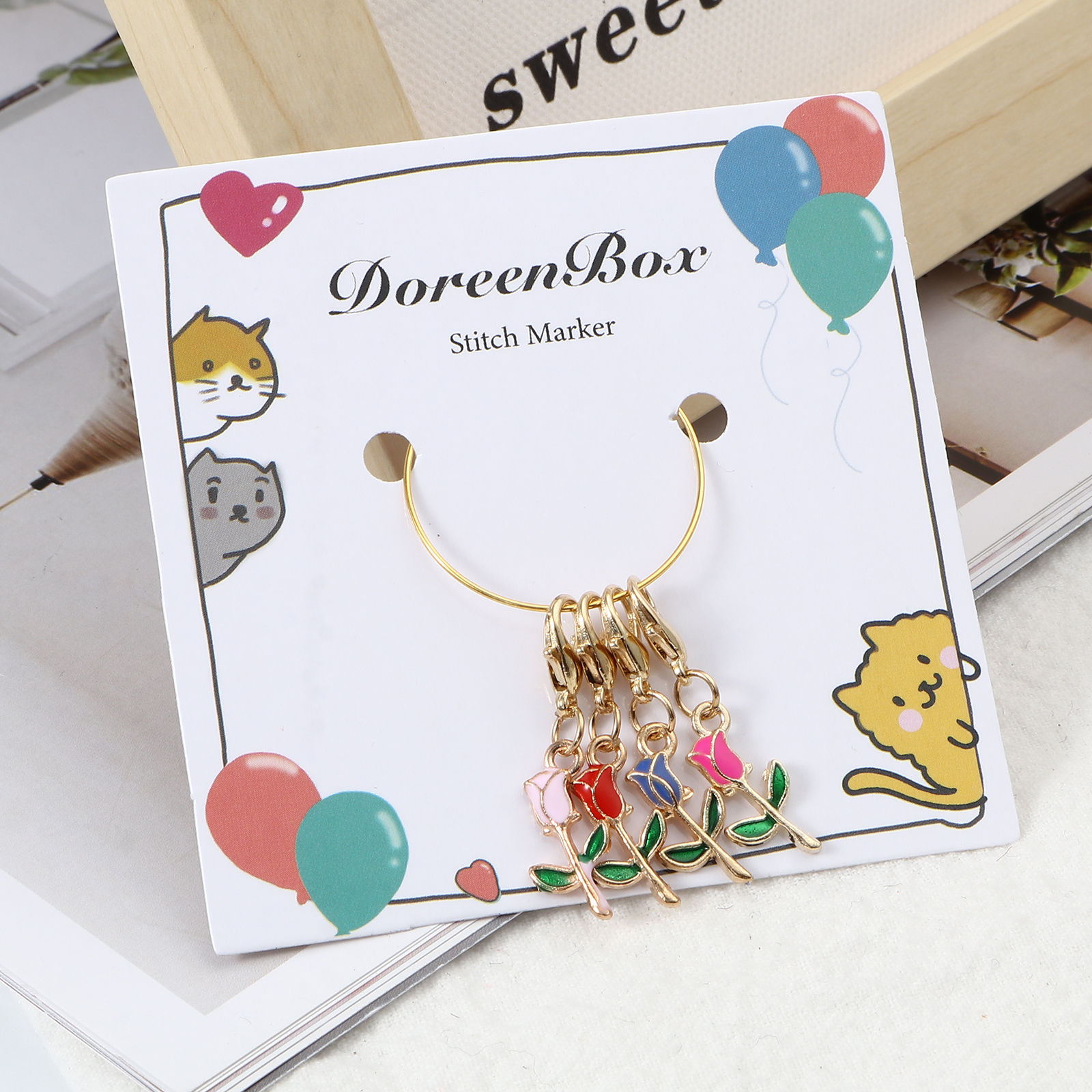 Picture of Doreenbox Zinc Based Alloy Knitting Stitch Markers Gold Plated Multicolor Rose Flower Enamel 3.2cm x 0.9cm, 1 Set ( 4 PCs/Set)