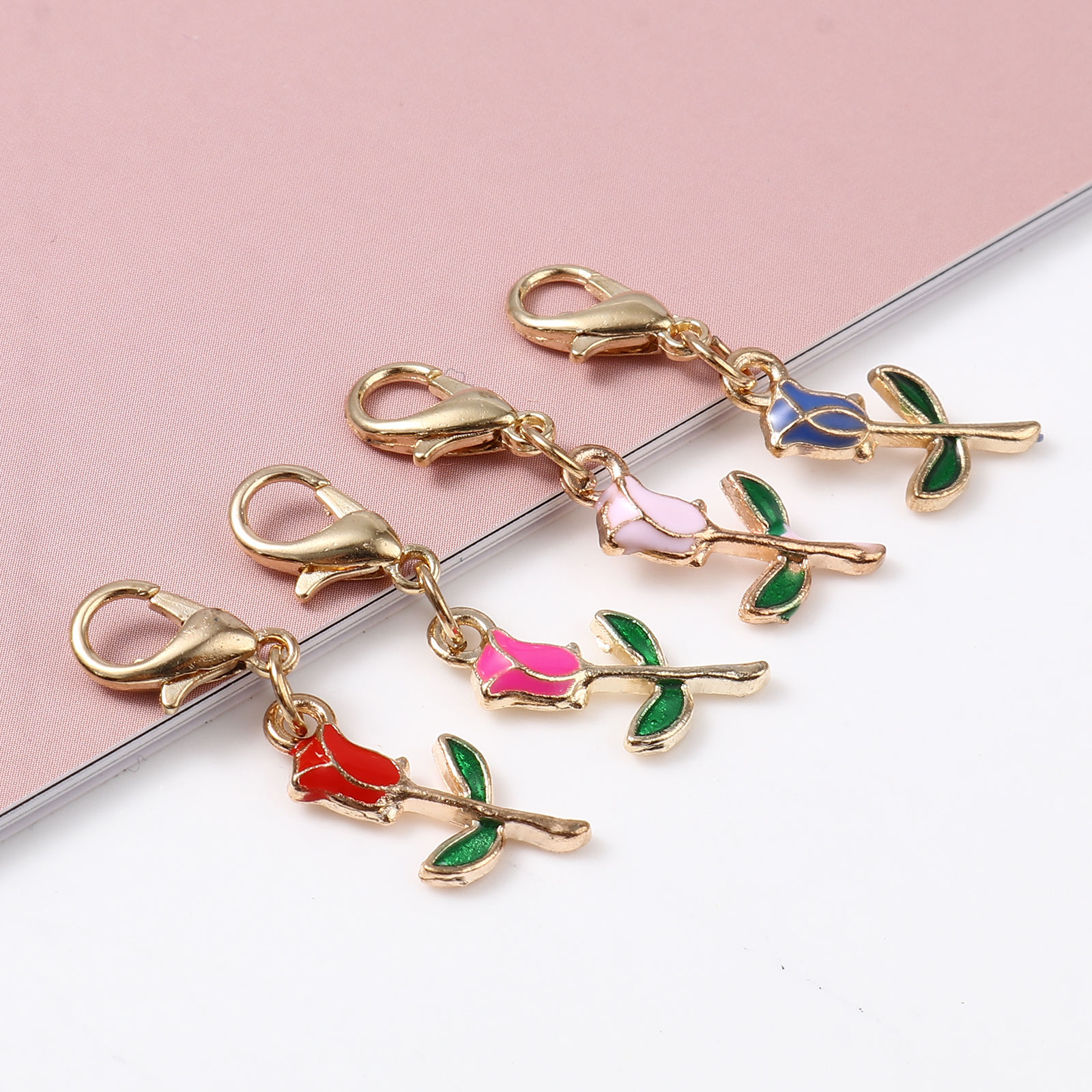 Picture of Doreenbox Zinc Based Alloy Knitting Stitch Markers Gold Plated Multicolor Rose Flower Enamel 3.2cm x 0.9cm, 1 Set ( 4 PCs/Set)