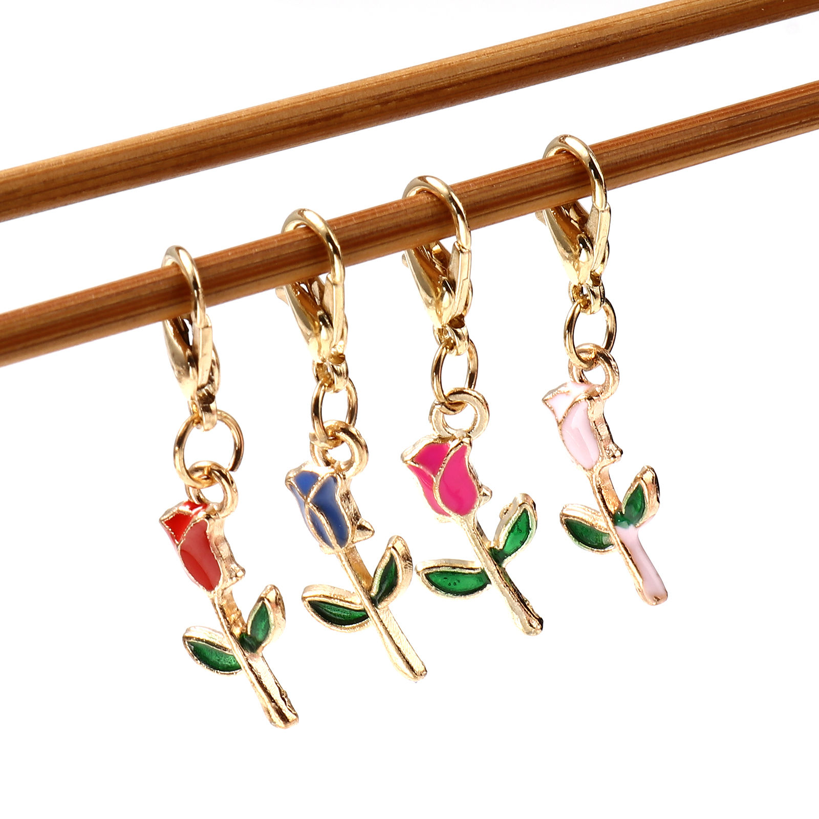 Picture of Doreenbox Zinc Based Alloy Knitting Stitch Markers Gold Plated Multicolor Rose Flower Enamel 3.2cm x 0.9cm, 1 Set ( 4 PCs/Set)