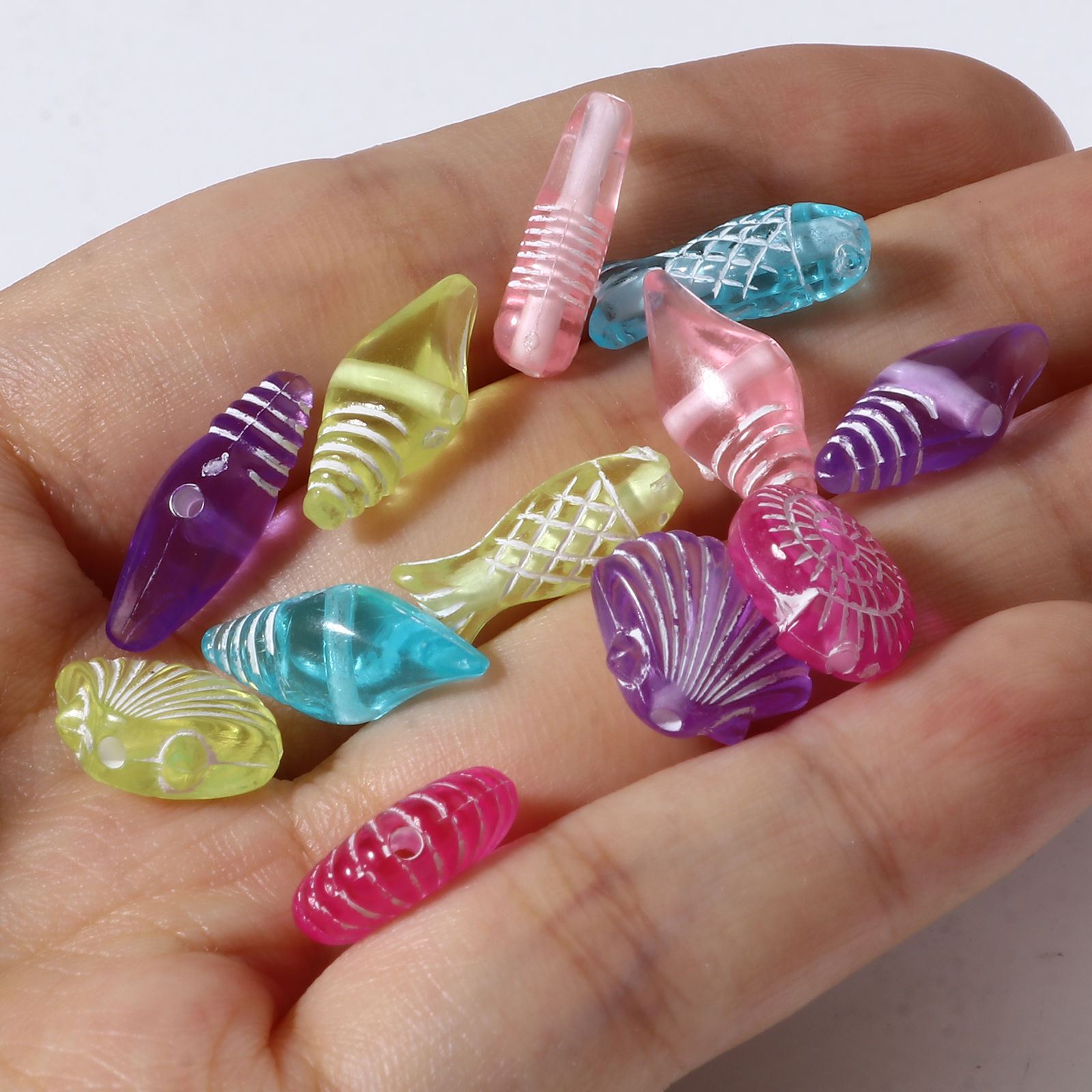 Picture of Acrylic Ocean Jewelry Beads Conch/ Sea Snail At Random Color Mixed Starfish Pattern About 17mm x 7mm - 12mm x 11mm, Hole: Approx 1.6mm, 300 PCs