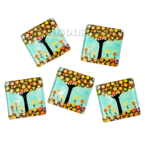 Bild von Glas Dom Cabochons Leuchten im Dunkel Quadrat Platt Bunt Bäume Muster 20mm x 20mm, 10 Stücke