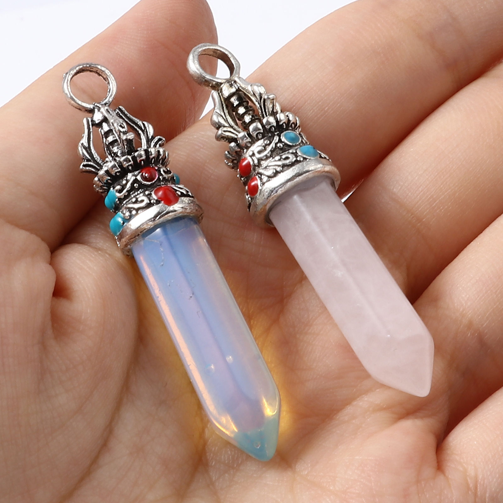 Picture of Zinc Based Alloy Yoga Healing Pendants Crayon Antique Silver Color At Random Color Mixed 5.2cm x 1.2cm - 4.8cm x 1.1cm, 2 PCs