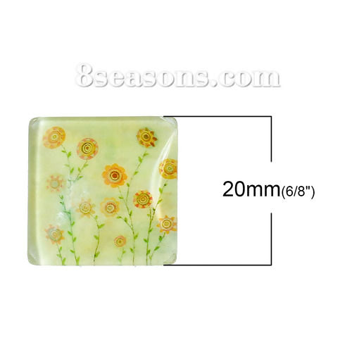 Bild von Glas Dom Cabochons Leuchten im Dunkel Quadrat Platt Bunt Blume Blätter Muster 20mm x 20mm, 10 Stücke