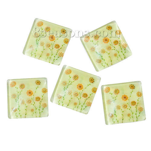 Bild von Glas Dom Cabochons Leuchten im Dunkel Quadrat Platt Bunt Blume Blätter Muster 20mm x 20mm, 10 Stücke