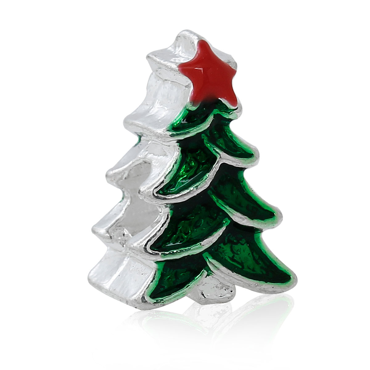 Picture of Zinc Metal Alloy European Style Large Hole Charm Beads Christmas Tree Silver Plated Star Pattern Red & Green Enamel About 15mm x 10mm, Hole: Approx 4.6mm, 5 PCs