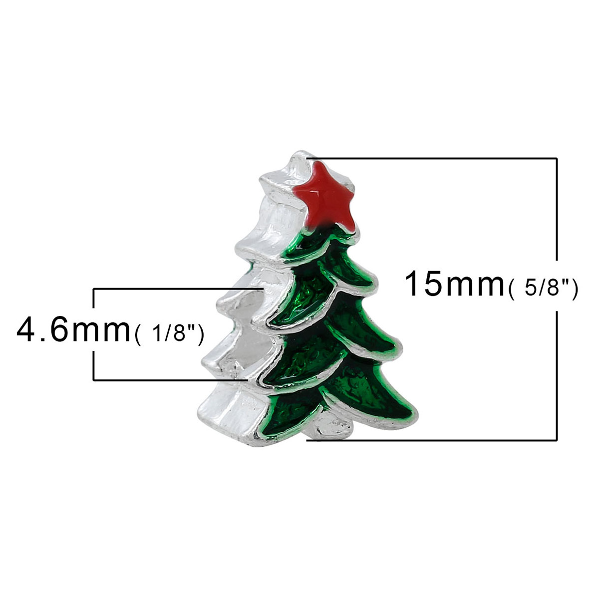 Picture of Zinc Metal Alloy European Style Large Hole Charm Beads Christmas Tree Silver Plated Star Pattern Red & Green Enamel About 15mm x 10mm, Hole: Approx 4.6mm, 5 PCs
