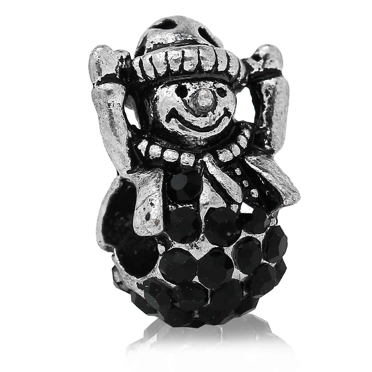 Picture of Zinc Metal Alloy European Style Large Hole Charm Beads Christmas Snowman Hat Antique Silver Color Black Rhinestone About 16mm x 11mm, Hole: Approx 4.5mm, 5 PCs