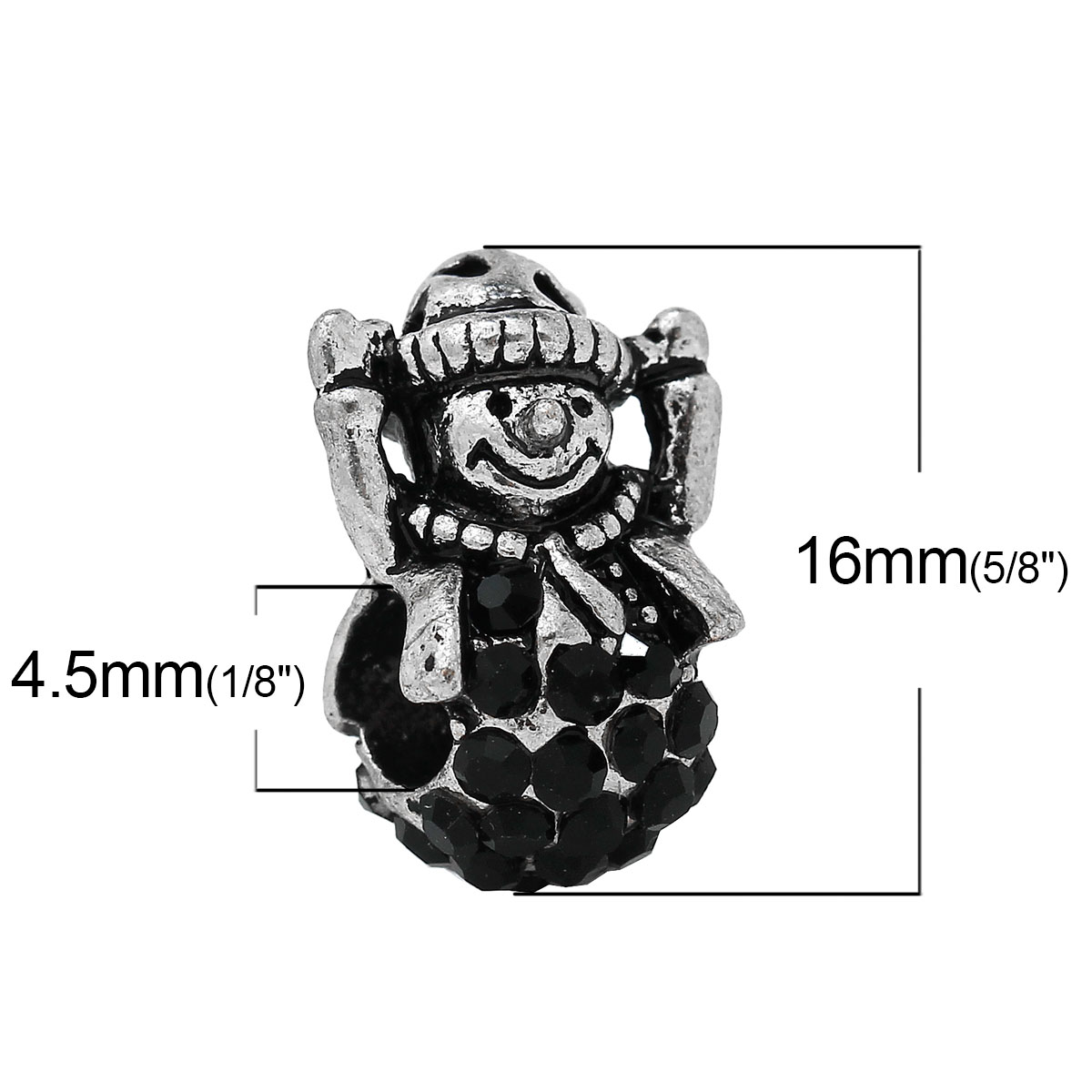 Picture of Zinc Metal Alloy European Style Large Hole Charm Beads Christmas Snowman Hat Antique Silver Color Black Rhinestone About 16mm x 11mm, Hole: Approx 4.5mm, 5 PCs