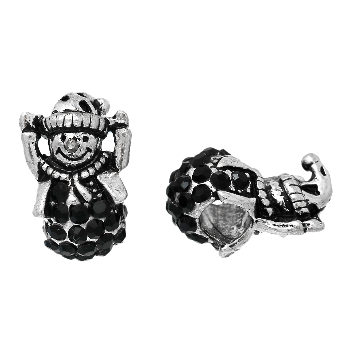 Picture of Zinc Metal Alloy European Style Large Hole Charm Beads Christmas Snowman Hat Antique Silver Color Black Rhinestone About 16mm x 11mm, Hole: Approx 4.5mm, 5 PCs