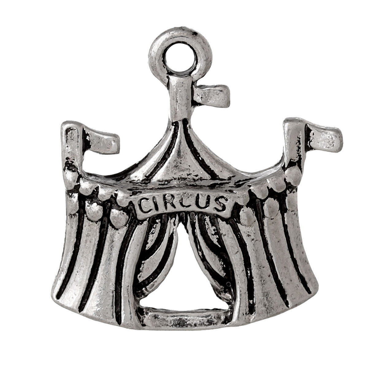 Picture of Zinc Metal Alloy Charms Circus Tent Antique Silver Color Message " CIRCUS " Carved 22mm( 7/8") x 21mm( 7/8"), 10 PCs