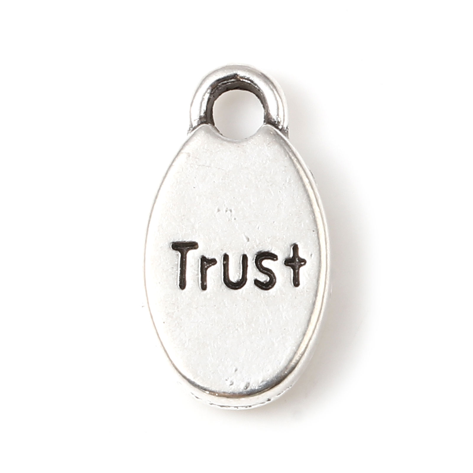 Picture of Zinc Based Alloy Charms Oval Antique Silver Color Message " Trust " 15mm x 9mm, 50 PCs