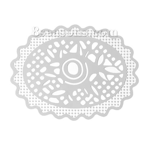 Picture of 304 Stainless Steel Filigree Stamping Embellishments Findings, Oval Silver Tone, Hollow Flower Carved 51mm(2") x 39mm(1 4/8"), 10 PCs