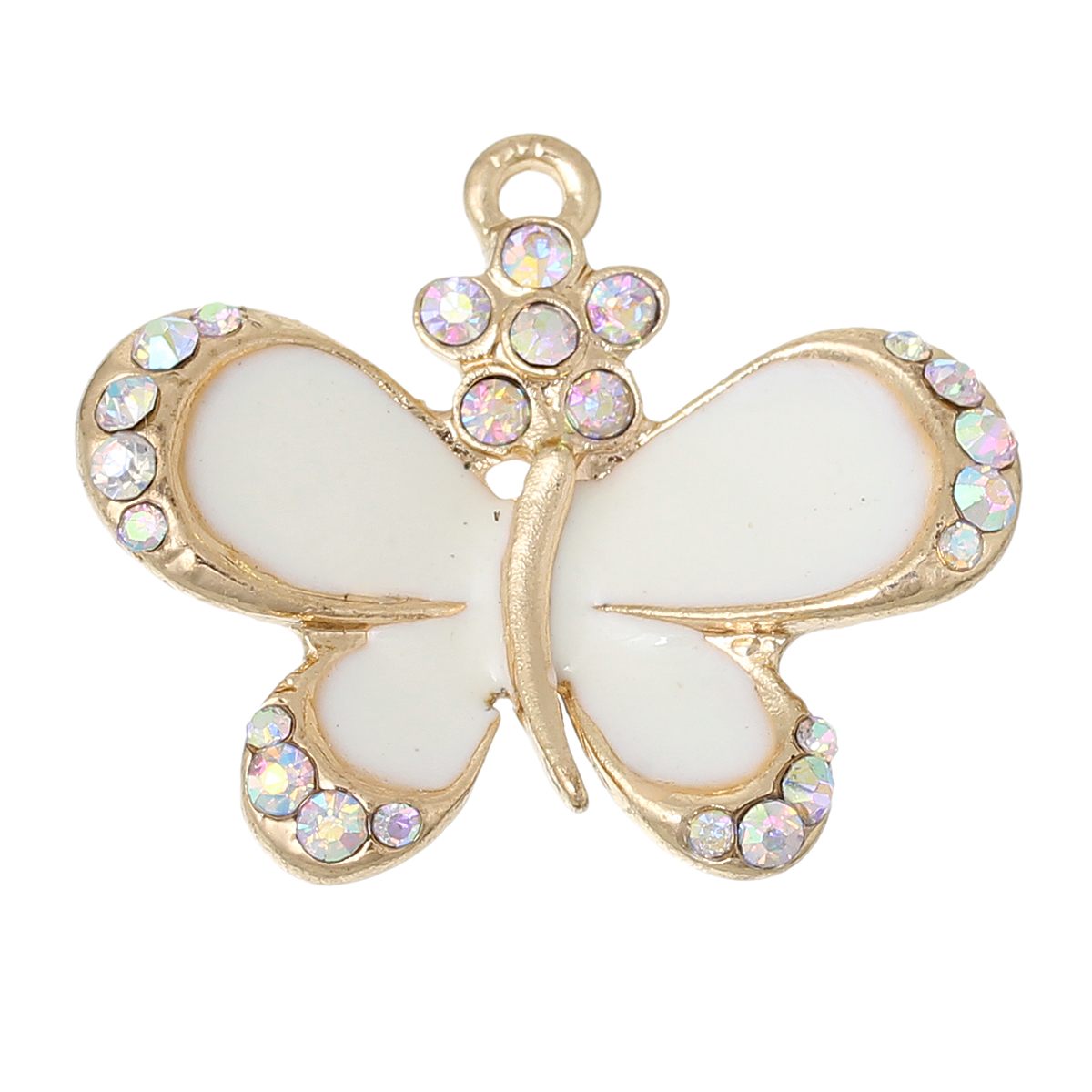 Picture of Zinc Metal Alloy Charms Butterfly Animal Gold Plated Flower Carved AB Color Rhinestone White Enamel 28mm(1 1/8") x 23mm( 7/8"), 3 PCs