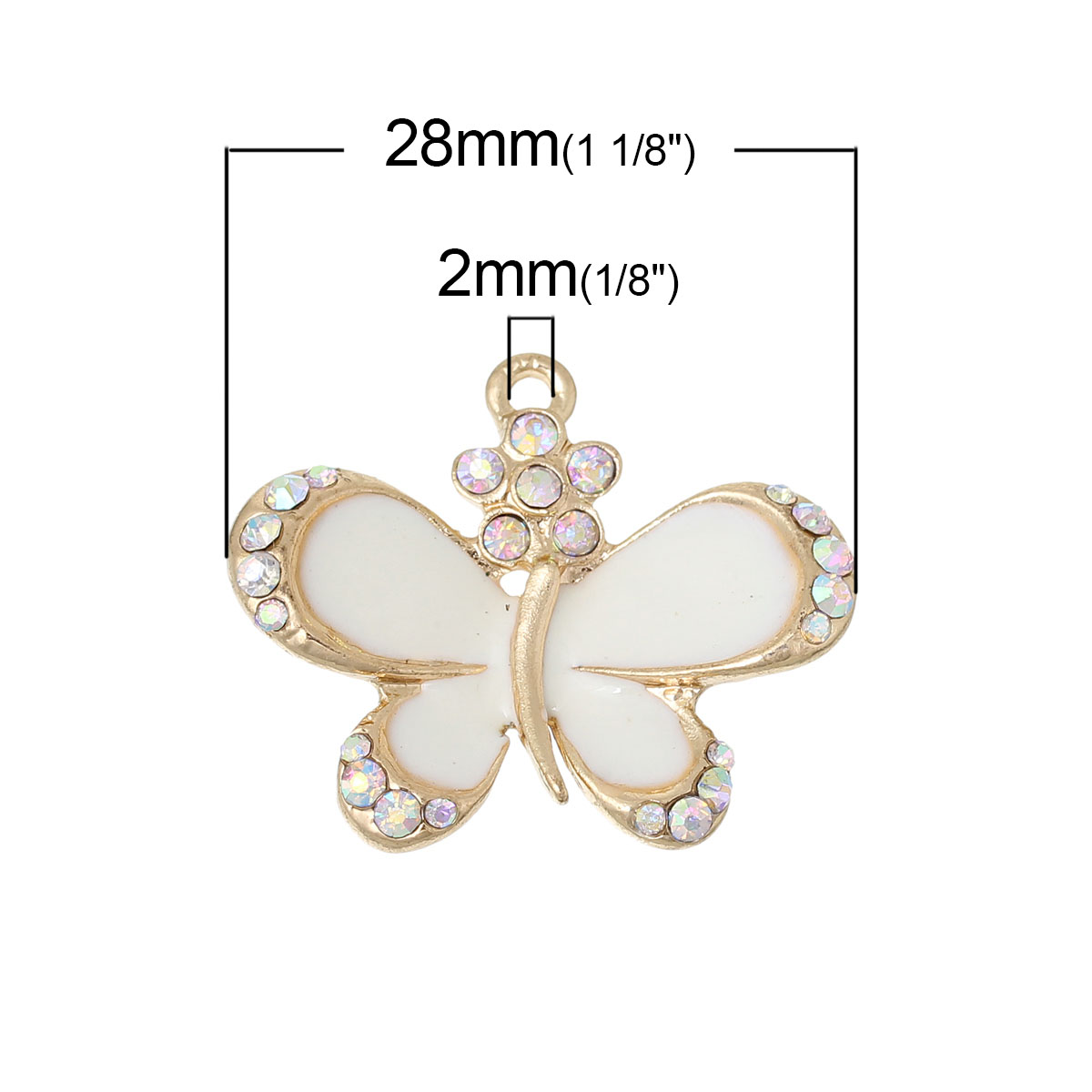 Picture of Zinc Metal Alloy Charms Butterfly Animal Gold Plated Flower Carved AB Color Rhinestone White Enamel 28mm(1 1/8") x 23mm( 7/8"), 3 PCs