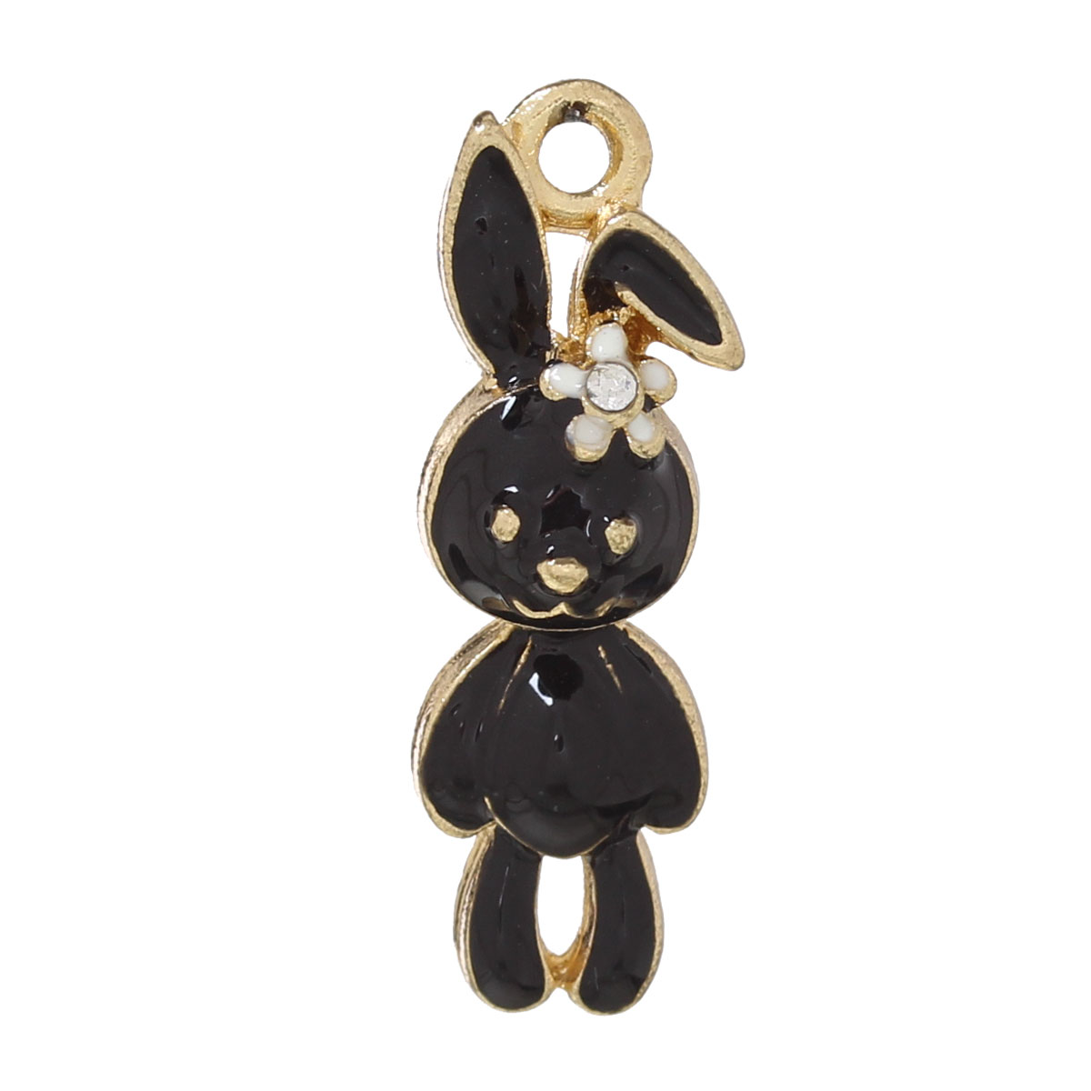 Picture of Zinc Based Alloy Easter Charms Rabbit Animal Gold Plated Flower Carved Clear Rhinestone Black & White Enamel 26mm(1") x 9mm( 3/8"), 5 PCs