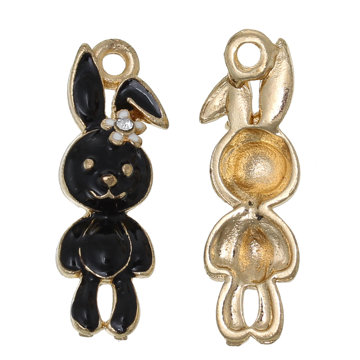 Picture of Zinc Based Alloy Easter Charms Rabbit Animal Gold Plated Flower Carved Clear Rhinestone Black & White Enamel 26mm(1") x 9mm( 3/8"), 5 PCs