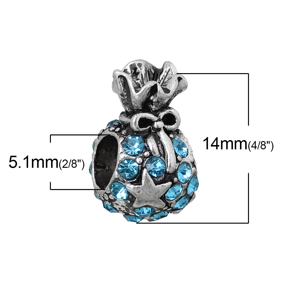 Picture of Zinc Metal Alloy European Style Large Hole Charm Beads Christmas Money Bag Antique Silver Color Bowknot Star Carved Blue Rhinestone About 14mm x 10mm, Hole: Approx 5.1mm, 5 PCs