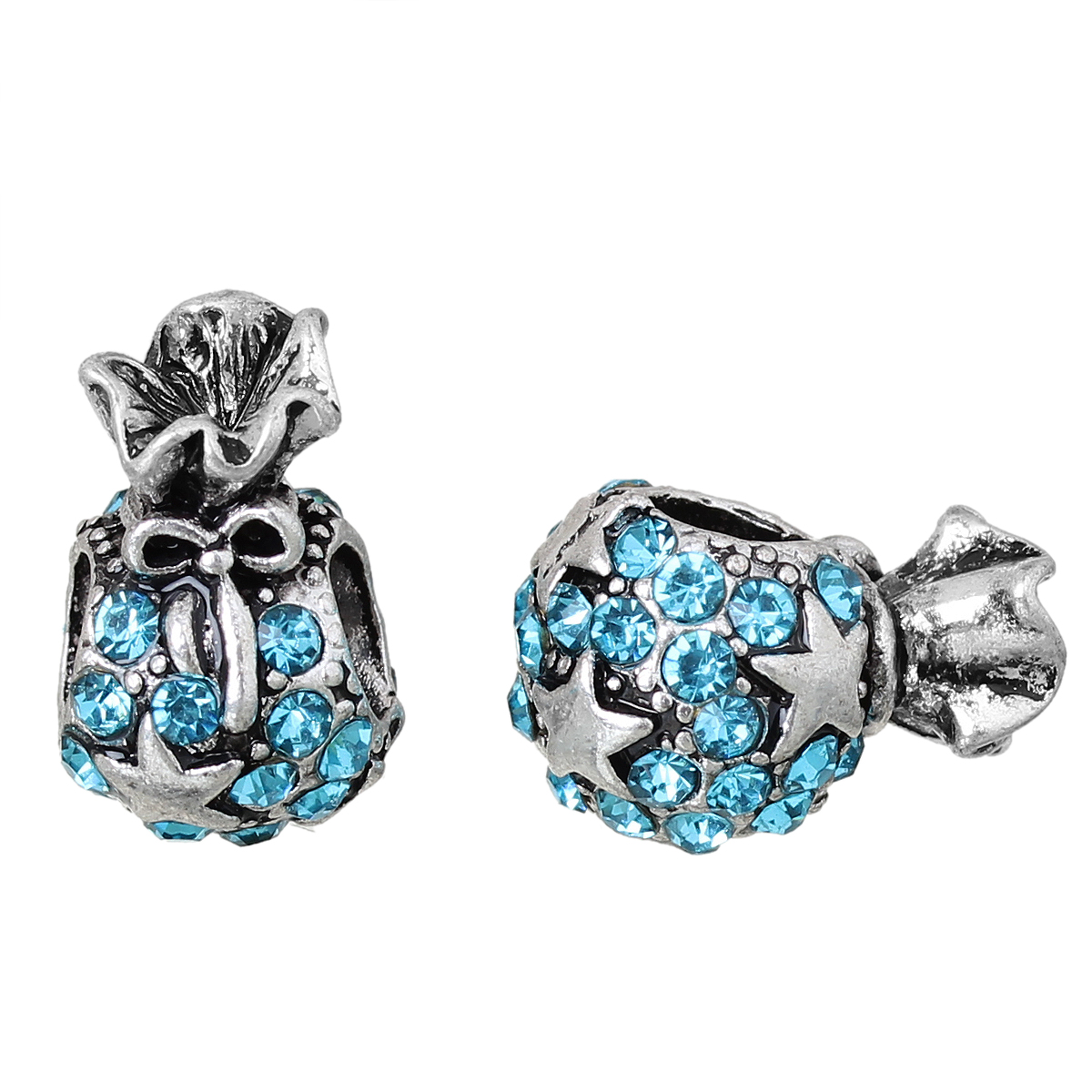 Picture of Zinc Metal Alloy European Style Large Hole Charm Beads Christmas Money Bag Antique Silver Color Bowknot Star Carved Blue Rhinestone About 14mm x 10mm, Hole: Approx 5.1mm, 5 PCs