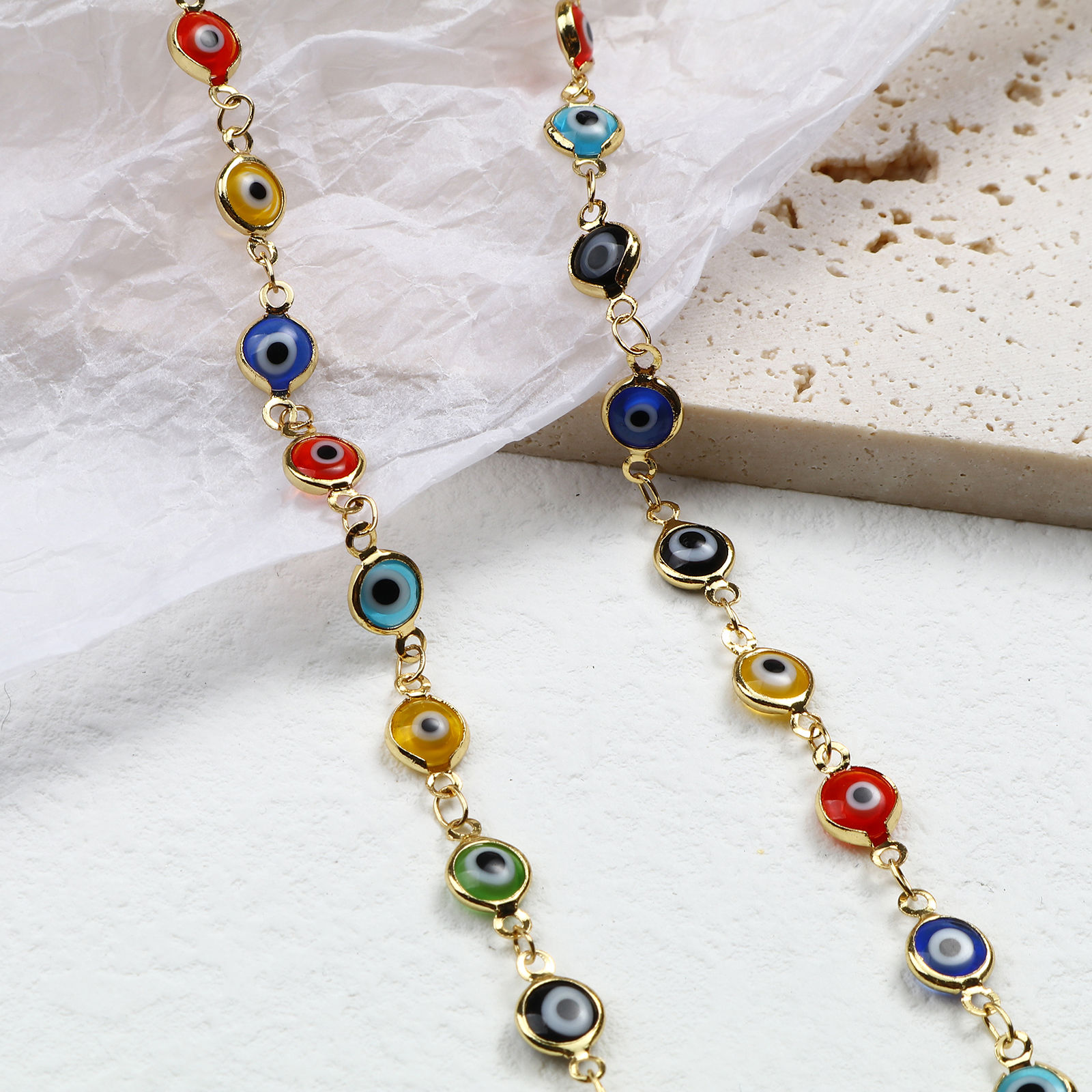 Imagen de Latón + Vidrio Religión Esmalte Cadenas Ronda Mal de ojo Chapado en Oro Multicolor 12x7mm, 1 M