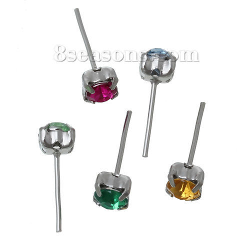 Bild von Legierung + Strass Ohrring Ohrstecker Stopper Ohrringe Zufällig Mix Silberfarbe mit Strass, 5mm x 5mm, Drahtstärke: (21 gauge), 50 Stück