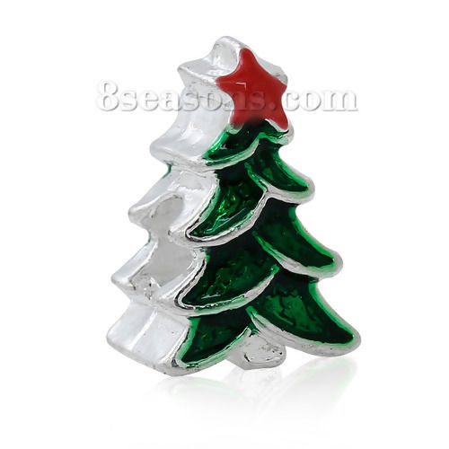 Picture of Zinc Metal Alloy European Style Large Hole Charm Beads Christmas Tree Silver Plated Star Pattern Red & Green Enamel About 15mm x 10mm, Hole: Approx 4.6mm, 5 PCs