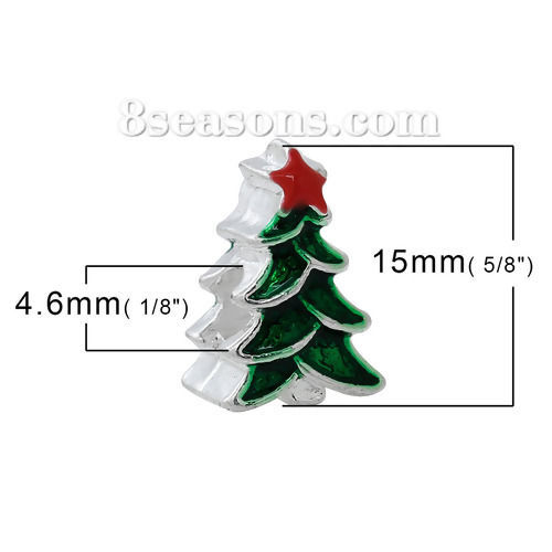 Picture of Zinc Metal Alloy European Style Large Hole Charm Beads Christmas Tree Silver Plated Star Pattern Red & Green Enamel About 15mm x 10mm, Hole: Approx 4.6mm, 5 PCs