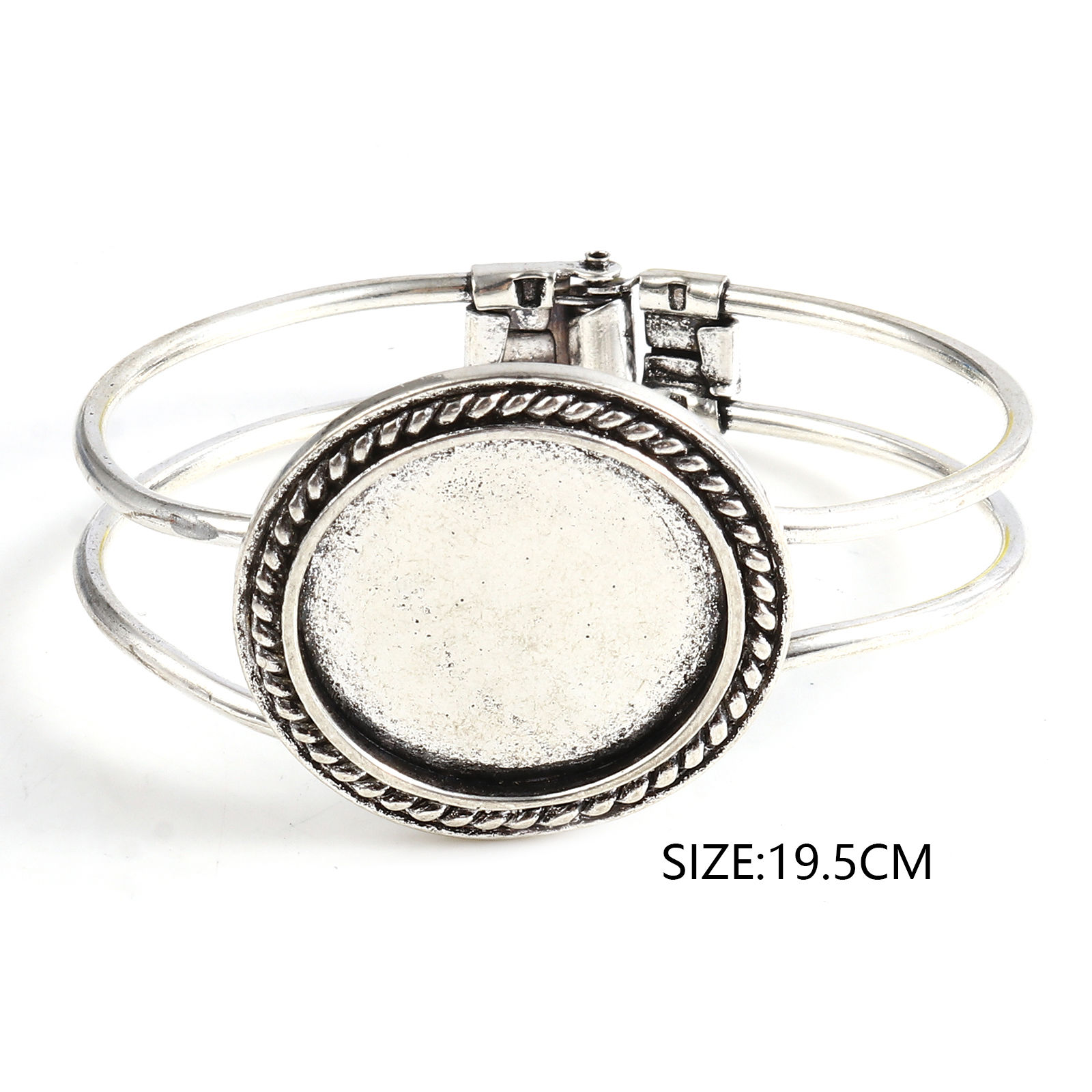 Picture of Zinc Based Alloy Cabochon Settings Bangles Bracelets Findings Round Antique Silver Color Can Open Cabochon Settings (Fits 25mm Dia.) 19.5cm(7 5/8") long, 1 Piece