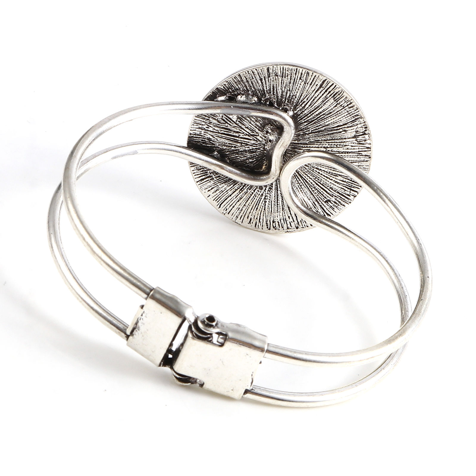 Picture of Zinc Based Alloy Cabochon Settings Bangles Bracelets Findings Round Antique Silver Color Can Open Cabochon Settings (Fits 25mm Dia.) 19.5cm(7 5/8") long, 1 Piece