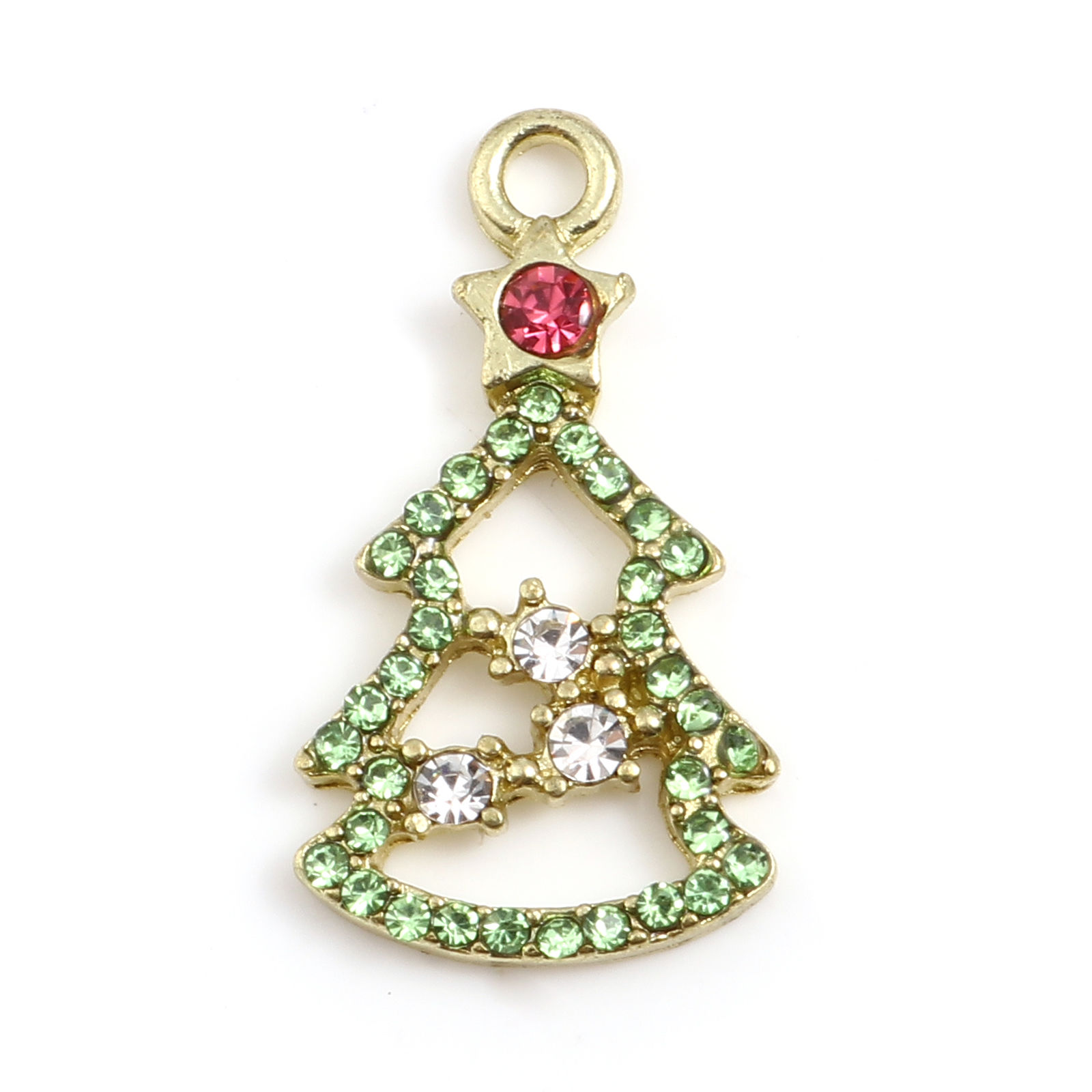 Imagen de Zamak Colgantes Charms Árbol de Navidad Chapado en Oro Multicolor Rhinestone 25mm x 13mm, 2 Unidades