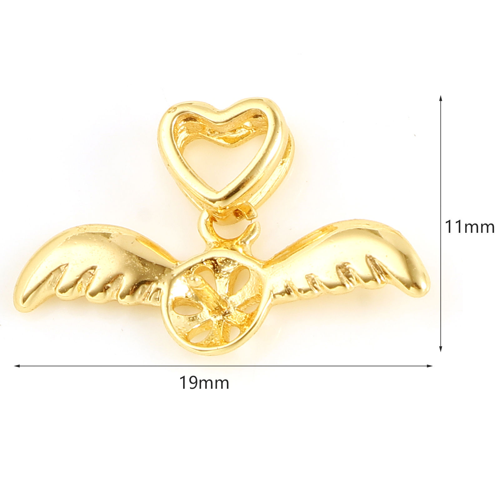 Immagine di Ottone San Valentino Connettore Ciondolo Perla Bail Pin Cap 18K Vero Oro Placcato Ali Cuore Spessore dell'ago: 7mm, 19mm x 11mm, 1 Pz