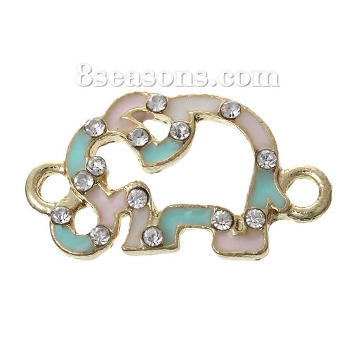 Picture of Zinc Metal Alloy Connectors Findings Elephant Animal Light Golden Clear Rhinestone Mint Green & Light Pink Enamel 20mm x 11mm, 5 PCs