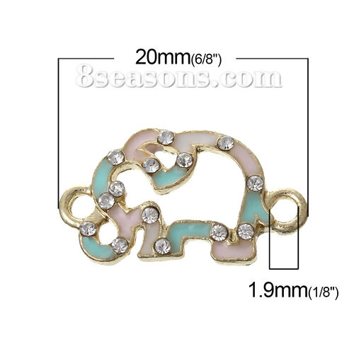 Picture of Zinc Metal Alloy Connectors Findings Elephant Animal Light Golden Clear Rhinestone Mint Green & Light Pink Enamel 20mm x 11mm, 5 PCs