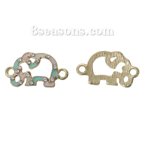 Picture of Zinc Metal Alloy Connectors Findings Elephant Animal Light Golden Clear Rhinestone Mint Green & Light Pink Enamel 20mm x 11mm, 5 PCs