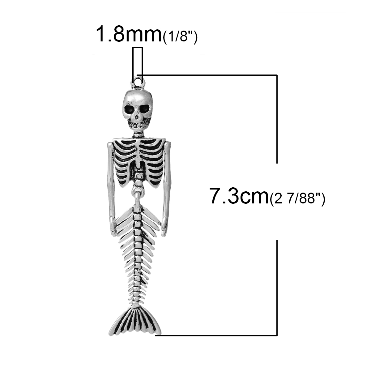 Picture of Zinc Metal Alloy Pendants Skull Mermaid Skeleton Antique Silver Color Halloween Skull Carved 73mm(2 7/8") x 18mm( 6/8"), 3 PCs