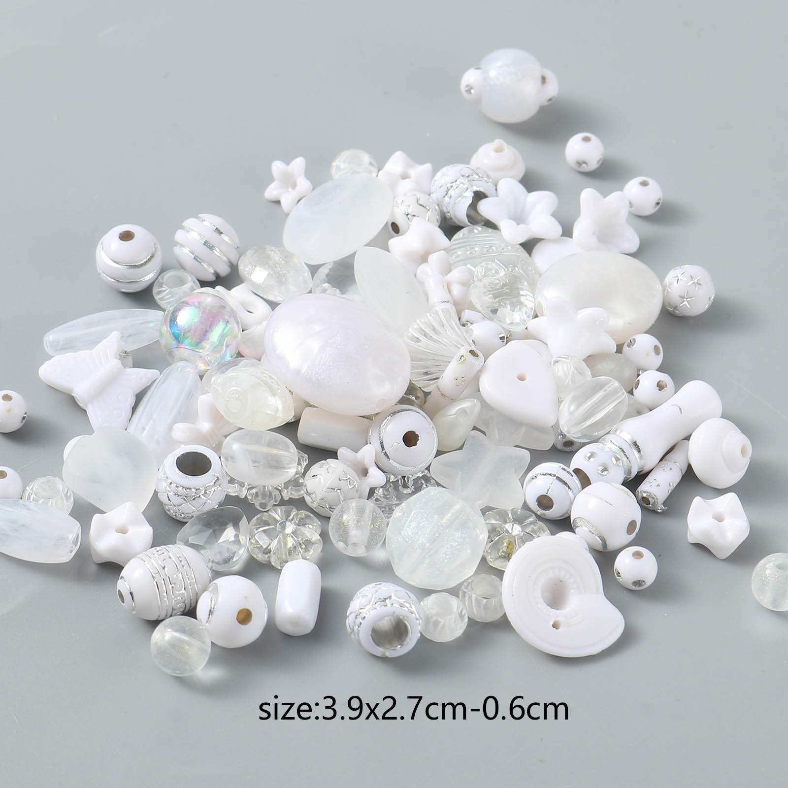 Picture of Acrylic Beads At Random Mixed White About 6mm Dia., About 39mm x 27mm, Hole: Approx 7.2mm-1.1mm, 100 Grams