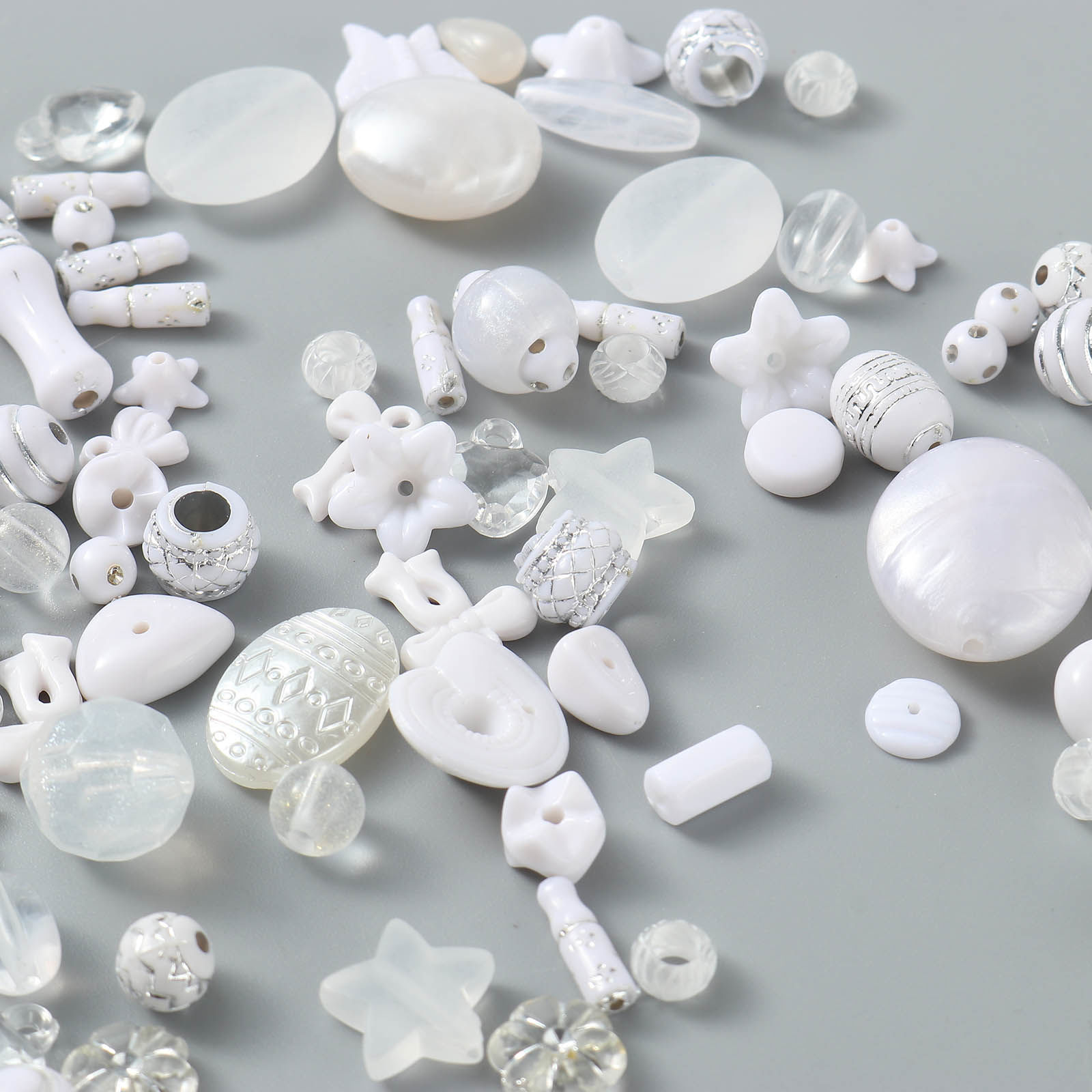 Picture of Acrylic Beads At Random Mixed White About 6mm Dia., About 39mm x 27mm, Hole: Approx 7.2mm-1.1mm, 100 Grams