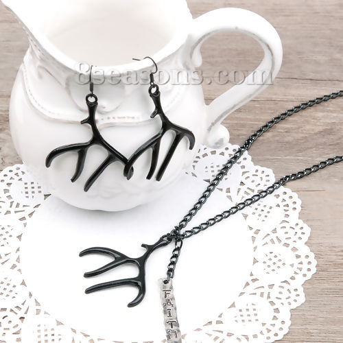 Picture of New Fashion Jewelry Necklace Earring Set Black Deer Horn /Antler Rectangle " FAITH " Pendants 82.0cm(32 2/8") long, 6.4cm(2 4/8") x 4cm(1 5/8"), 1 Set